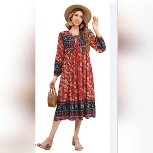 Bohemian Floral Long Sleeve Dress - Red and‎ Blue
